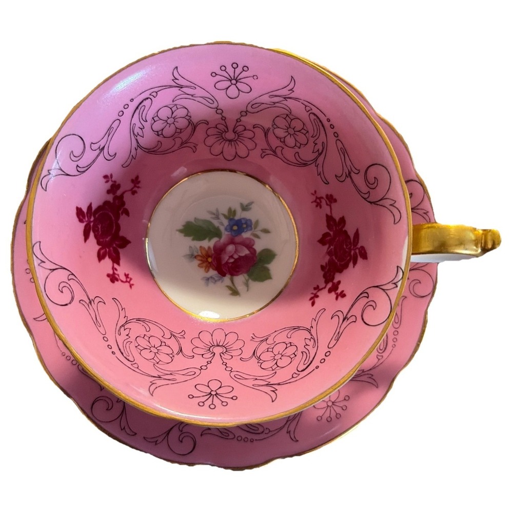 Royal Bayreuth Cup & Saucer Pink Rose Blue Gold Trim Bavarian Germany Porcelain‎